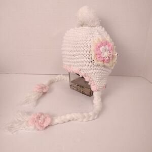 Handmade Crochet Pastel Beanie Winter Hat Child / Small Adult Tassels Flowers #3